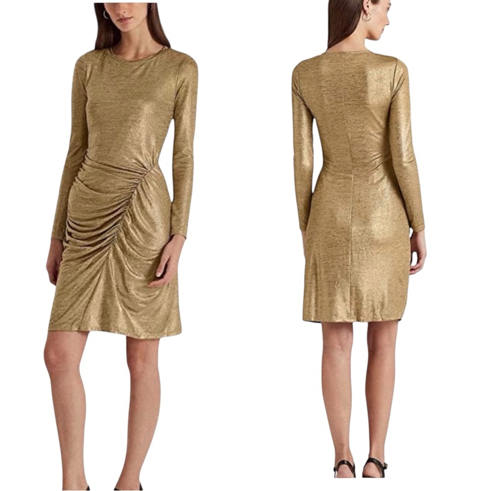 Lauren Ralph Lauren Long Sleeve Ruched Gold Foil Dress Size 6